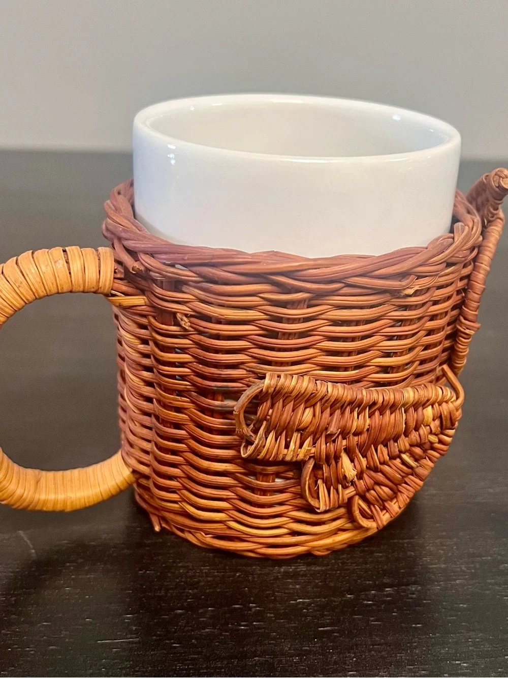 VTG 70s Wicker Ratan Owl Coffee Mug Cup Holder Planter Boho Decor Cottagecore